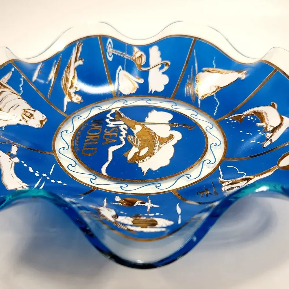 Vintage MCM Sea World Souvenir Blue Glass Decorative Bowl / Dish | 1976 Shamu